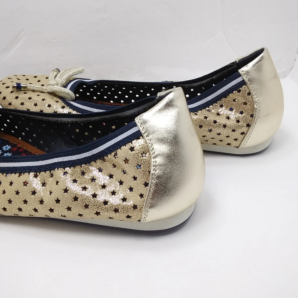 TOMMY HILFIGER Girl's Perforated Gold Stars Faux Leather Navy Ballet Flats EUC